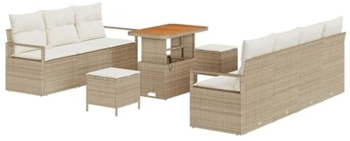 vidaXL 10-teiliges Garten-Sofa-Set mit beigen Kissen aus Poly-Rattan. Bequeme Sitzgelegenheit für den Patio und Wintergarten. Gartenmöbel für Terrasse und Lounge-Bereich.
