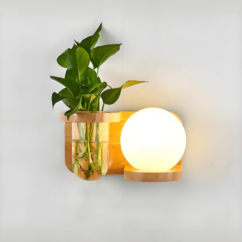 Svetilnikya Natürliche Wandleuchte Holz mit Glasflaschen (für Hydrokultur), Pflanzendeko Wandleuchten für Innen für Wohnzimmer & Flur, Öko Wandlampe Holz mit Blumentopf-Funktion (A)