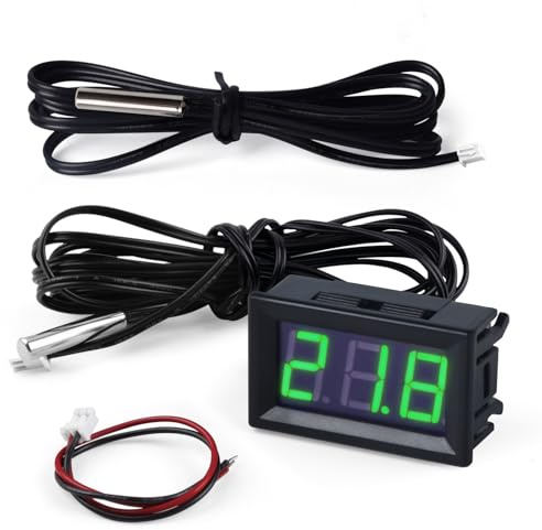 FBBULES Thermomètre Numérique 12V Mini Température Tester avec Sonde étanche Digital Temperature Meter Gauge pour Réfrigérateur Aquarium Congélateurs, mit Fil 1m+3m, Vert