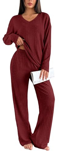 Ekouaer Women's Pyjamas Set Ribbed Knit Winter Lounge Set | simple chic style, v neck, warm fluffy fabric, perfect for cold weather, elastic waist, pockets, sleep&lounge