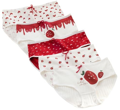 ThiCc Lot de 5 slips mignons en coton pour femme - Style japonais kawaii - Taille mi-haute - Couverture complète - Doux - Motif lapin - Ours - Fraise - Confortable - Pour le quotidien