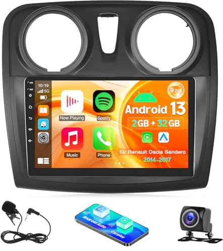 Autoradio 2 DIN per Renault Dacia Sandero 2014-2017 Carplay Android Auto, 9 pollici 2+32G con Mirror Link Bluetooth FM/RDS WiFi GPS DAB+ SWC telecamera posteriore microfono
