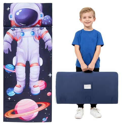 Schlafsack Kindergarten für Jungen & Mädchen 3-8 Jahre, 120x60 cm - Baumwolle Flauschfutter, Leicht & Warm mit Abnehmbarem Kissen - Für Kita, Reise & Camping (Astronaut)