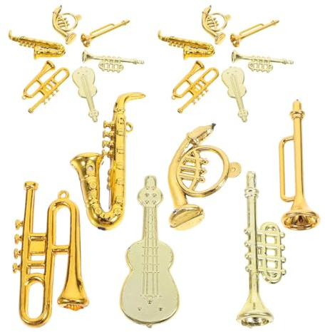 GARVALON 48 Stück Miniatur Musikinstrumente aus Kunststoff mit Goldener Oberfläche Puppenhauszubehör für Kleiner Musikzimmer Trompete Geige Saxophon und Waldhorn Handgefertigte Kleiner