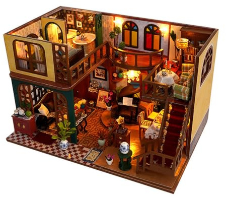 HTGAOO Mini-Spielhaus-Bausatz, DIY-Holzhütten-Mini-Bausatz, handgefertigtes Dachboden-Baumodell