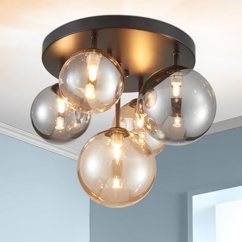 SHRINE LIGHTING Moderne Schwarzer Blasenglas-Deckenleuchte, Glas-Deckenleuchte für Wohnzimmer, D35 x H30cm, G9-Sockel 4-Lampen (Glühbirnen nicht im Lieferumfang enthalten), Schwarzer Finish
