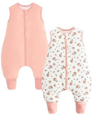 WYTbaby Confezione da 2 sacchi nanna con gambe, polsini pieghevoli, coperta indossabile in cotone da 1,5 1,0 tog, sacco a pelo Walker, cerniera frontale, Fiore rosa, 100-4-6 Years