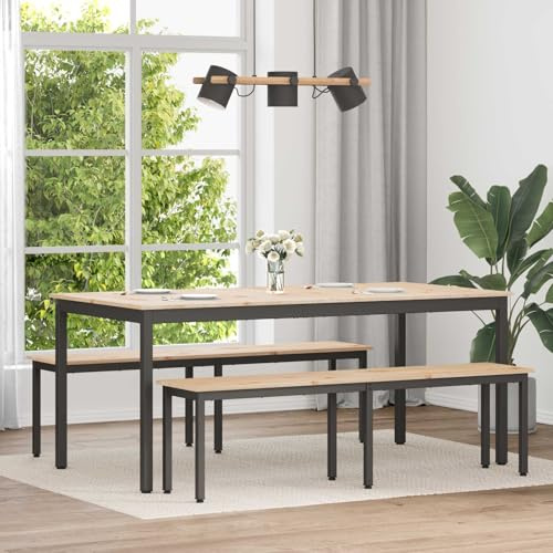 Zeehear Table à manger naturelle 180 x 90 x 75 cm, en bois de pin massif, pieds en métal robuste, table de cuisine moderne pour salle à manger, montage facile