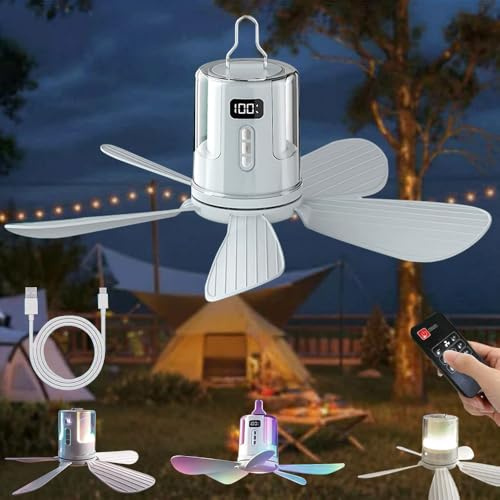 RIRIDAMAI Deckenventilator Akku mit Beleuchtung Camping, Aufladbar Deckenventilator mit Licht und Fernbedienung, USB, Timer, Mobiler Ventilator 10800mAh für Outdoor Außenbereich, Pavillon Terrasse