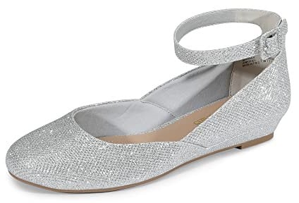 DREAM PAIRS Women's Ballet Flats Pumps Ballerina Ankle Strap Elastic Low Wedge Sandals Round Toe Comfy Dolly Shoes,Size 6,Silver/Glitter,REVONA