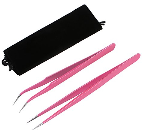 2 Stück Gerade und gebogene Spitze Pinzette Nipper für Wimpernverlängerungen, Rosa Edelstahl Falsche Lash Anwendung Werkzeuge