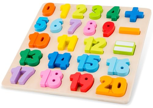 Woet® Wooden Number Puzzle 0–20 with Maths Symbols, 24 Pieces | Counting Toy, Number Recognition 0–20, Addition & Subtraction Symbols, Early Maths Puzzle, Fine Motor Skills, Age 2 Years+