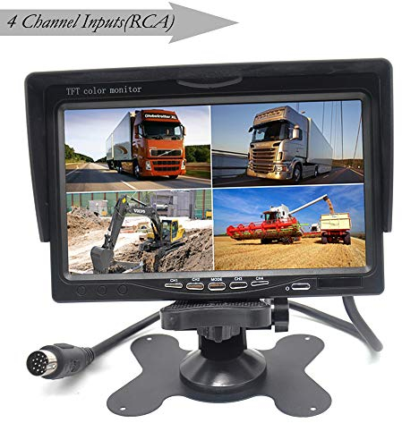 Pardarsey 7 Zoll TFT LCD Auto Rückfahrkamera Quad Split Monitor Fernbedienung 4 Kanäle RCA Video Eingänge (4-Pin Stoßfester Stecker) – 12 V-24 V 800 × 480HD
