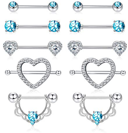 YADOCA 5 Pairs Edelstahl Nipplerings Nippelringe Zungenring CZ Barbell Herzform Ringe Piercingschmuck Set für Frauen Mädchen