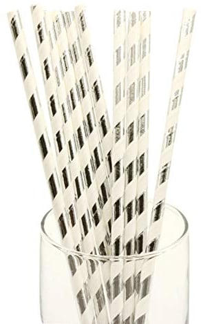 Paper Straws 100pcs Biodegradable Recyclable Drinking Straws for Party Birthday Wedding (Silver White Stripe)
