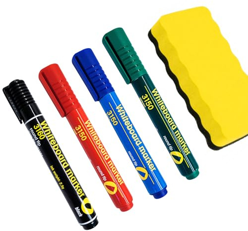 DecoMeister Whiteboard Marker Set mit magnetischem Schwamm - 4 Farben trocken und rückstandsfrei abwischbare Whiteboard Stifte - Rundspitze ca. 4 mm Linienbreite - Boardmarker für Büro und Schule