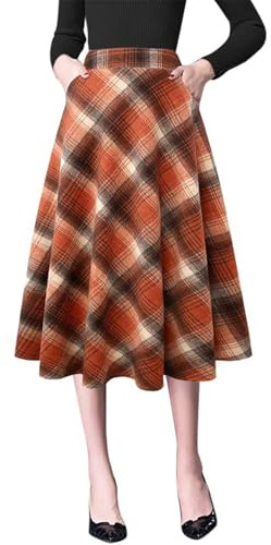 IDEALSANXUN Jupe trapèze plissée à carreaux longueur midi pour femmes automne-hiver, taille haute, Orange, XX-Large