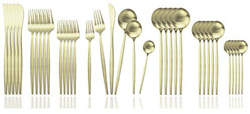 JASHII Besteck-Set, 36-teilig, Lebensmittelqualität, Edelstahl, Besteck-Set, Gabel, Löffel, Messer, Service für 6 Anti-Rost, sicher in der Spülmaschine (matt Champagner Gold)