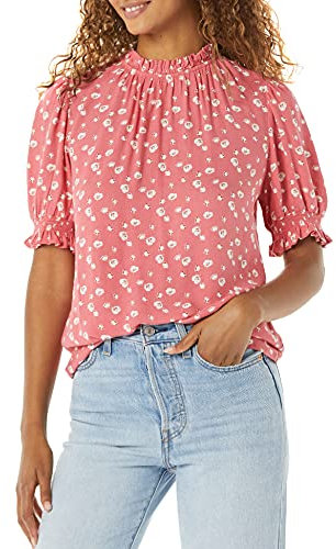 Amazon Essentials Women's Fluid Twill Short Puff Sleeve Smock Detail Shirt, Raspberry Red Floral, XL