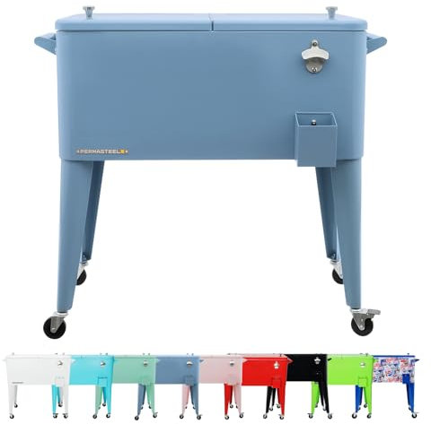 Permasteel 80-Qt Klassischer Outdoor-Kühler für Außengetränke, Rollkühler, Barwagen mit Rollen und Griffen, Retro-Design, Blau