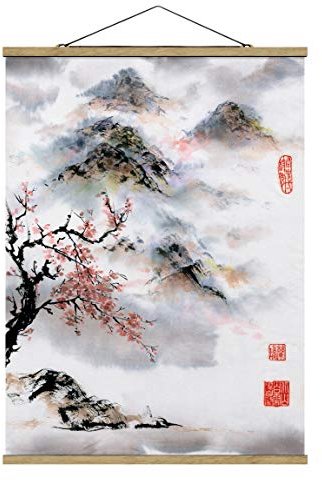 Stoffbild mit Posterleisten - Japanische Aquarell Zeichnung Kirschbaum und Berge 133.5cm x 100cm Eiche