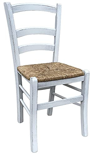 Holzstuhl Modell Venezia antik weiß mit Sitzfläche aus Stroh