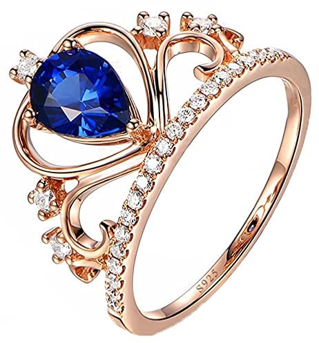 AMDXD Damenring Silber, Herz Krone Eheringe Damen aus 925 Silber mit Blauer Zirkonia, Frauen Schmuck Geschenk für Muttertags Valentinstag Verlobung Geburtstags Weihnachten, Rosegold, Gr.47 (15.0)