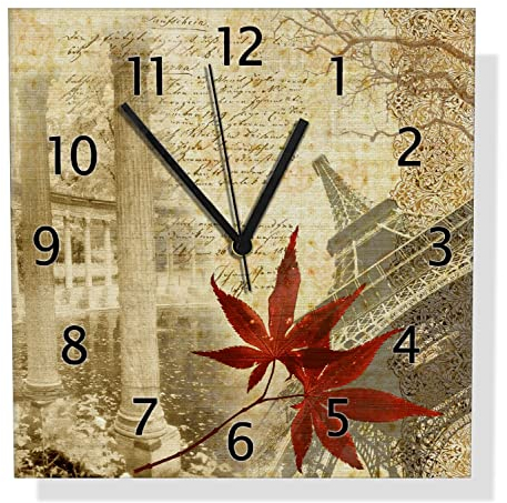 Wallario Design Wanduhr Paris Design - Eiffelturm im Herbst aus Aluverbund, Alu-Uhr Größe 30 x 30 cm, Schwarze Zeiger mit Metalloptik