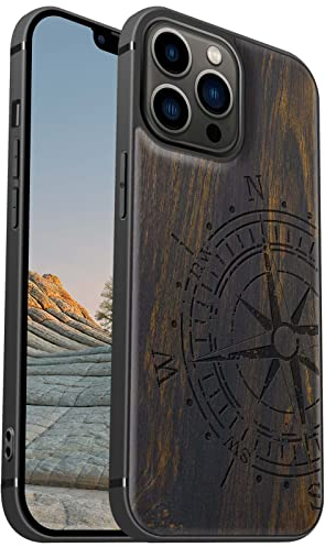 Carveit Magnetic Wood Case for iPhone 13 Pro Max [Hard Real Wood & Soft TPU] Shockproof Hybrid Protective Cover Unique & Classy Wooden Case Compatible with MagSafe (Vintage Compass-Blackwood)