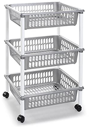 AC - Carrito verdulero Modelo PLFT de plástico con 3 Niveles y Ruedas, cestas apilables portaobjetos, Frutas, Verduras, Cocina, baño (Plata - 61 x 40 x 30 cm)