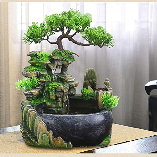 Zimmerbrunnen mit Beleuchtung Wasserfall, Futchoy Brunnen Tischbrunnen Zimmer Deko mit Led Beleuchtung, Brunnen Luftbefeuchter aus Polyresin für Wohnzimmer Büro Café (Ohne Licht und Zerstäuber)