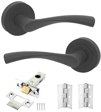 Infinity Decor Twisted Lever on Round Rose Modern Internal Door Handles Set with Latch & Hinges Pack - Gun Metal Grey