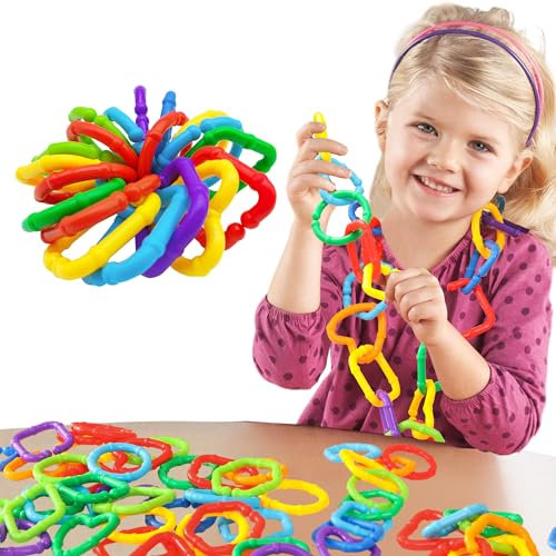RAINBOW TOYFROG Baby Links Rings - 35 Geometric Linking Chains for Infants & Toddlers - Safe Teething and Sensory Development Toys - Car Seat & Stroller Accessories