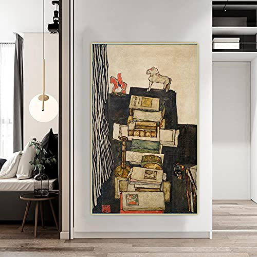 Vie avec des livres Toile Art Peinture Imprime Jouets sur Table GICLEE Toile Affiche pour Décoration de Salon de Pépinière Egon Schiele 85x50cm Cadre intérieur