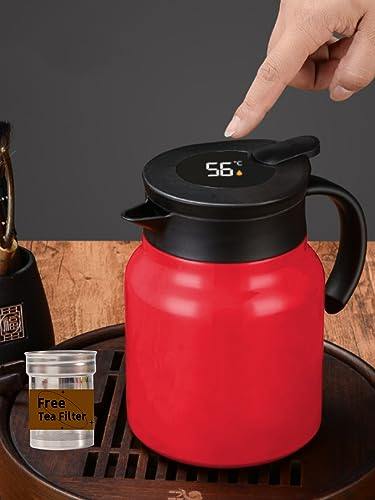 Jarra térmica de café de 34 onzas con infusor de té/termo inteligente de doble pared al vacío con pantalla LED/jarra de té de acero inoxidable/tetera (rojo)