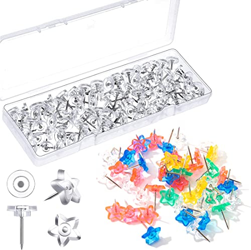 100 Stück Transparente Reißzwecken,Rund und Stern,16mm Pinnwandnadeln Flach Reißnägel Deko mit Aufbewahrungsbox für Wand Pinnwand Korktafel