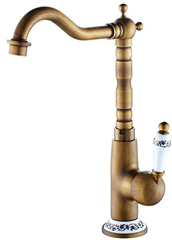 Wasserhahn, Küchenspüle, Antik-Messing-Einhandgriff, um 360 drehbar, kompatibel mit ausziehbaren Doppelwaschbecken, Heiß- und Kaltwasserhähnen, sehr langlebig