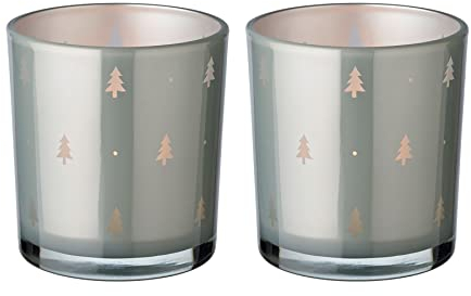 EDZARD 2er-Set Teelichtglas Tani (Höhe 8 cm, ø 7 cm), grau, Windlicht mit Tannen-Motiv