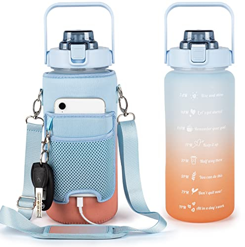 1.8 l Wasserflasche mit Hülse, motivierende, wiederverwendbare Wasserflasche mit Strohhalm und Zeitmarkierungen, auslaufsicher, BPA-frei, wiederverwendbar, Sport, Outdoor