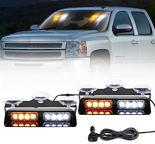 JMEST LEAD LED Stroboscopique 12V Pour Véhicule, 2x 7.2 Inch Lampe Stroboscopique à LED Pour Intérieurs de Pare-Brise, 18 modèles Feux Clignotants d'urgence Pour Voiture Camion (Ambre& Blanc)