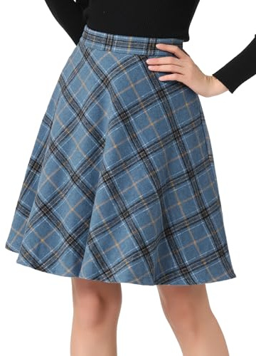 Allegra K Damen Karo Rock Festlich A-Linie Hohe Taille Kammgarn Kariert Midirock