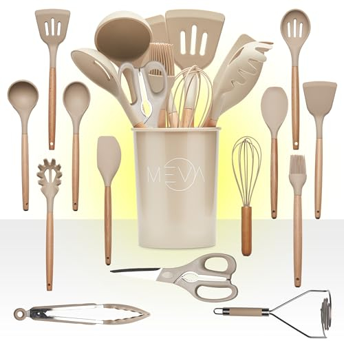 MEVA Juego Completo de Utensilios de Cocina de Silicona de 14 Piezas con Tijeras Multiusos y Machacador - ¡Accesorios Esenciales y Funcionales para tu Cocina