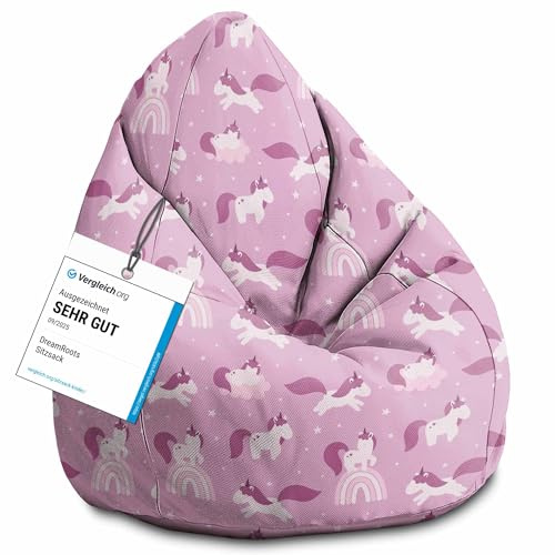 DreamRoots Sitzsack Kinder 80x80x120, Unicorns and Clouds | Bean Bag Kinder mit Lehne, Hocker & Bezug, Sitzkissen Boden, Bubibag, mit Füllung, Kinderzimmer