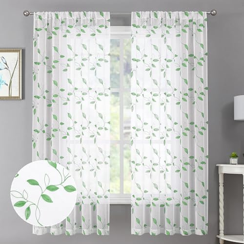 Tollpiz Grünes Blatt transparente Vorhänge Blätter bestickt Wohnzimmer Vorhang Stange Tasche Voile Fenster Behandlungen für Schlafzimmer, 137,2 x 160 cm lang, Set mit 2 Paneelen