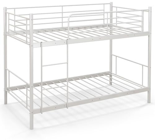 COSTWAY Metal Bunk Bed, 3FT Single over Single Loft Bed Frame with Ladder and Safety Guardrail, Home Bedroom Dorm Apartment Furniture Space-Saving Twin High Sleeper Beds for Kids Teens Adults (White)