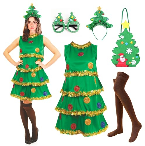 Claofoc 5 Teiliges Weihnachtsbaum Kostüm Set für Damen Erwachsene Weihnachts Outfit Grüne Pailletten Kleid Tasche Stirnband Brille Braun Socken (L)