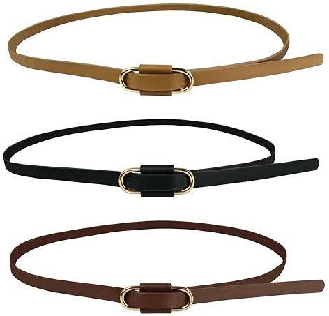 CENRONG 3 Pièces Ceinture Fine en Cuir Réglable pour Femme, Noir, Marron, Kaki, 110 x 1 cm, Boucle en Métal, Pour Robe, Jeans, Pantalon, Manteau