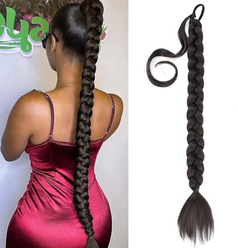 Gledola Lange Geflochtene Pferdeschwanz Verlängerung 30 Zoll Pre Stretched Flechten Haar Extensions DIY Geflochtene Pferdeschwanz Synthetische Haar Stück (Tiefbraun, 30 Zoll)