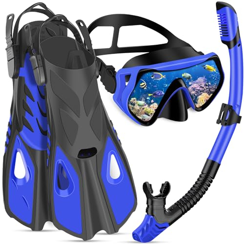 IEEILULU Schnorchelset Erwachsene mit Flossen, Schnorchelmaske Set mit Antibeschlag Taucherbrille,180° Panorama Glaslinse, Verstellbaren Flossen & Tragetasche für Schnorcheln Tauchen (Blue-S/M)