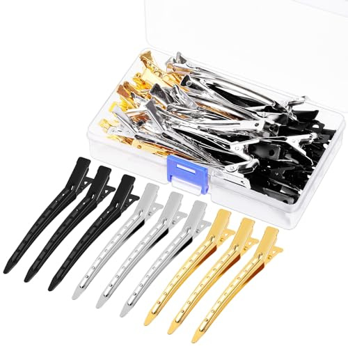 Swpeet Juego de 45 pinzas de pelo de pato de 3.5 pulgadas, color dorado, plateado y negro, pinzas de pelo largas de pico de pato, ideales para seccionar, teñir el cabello y salón de belleza